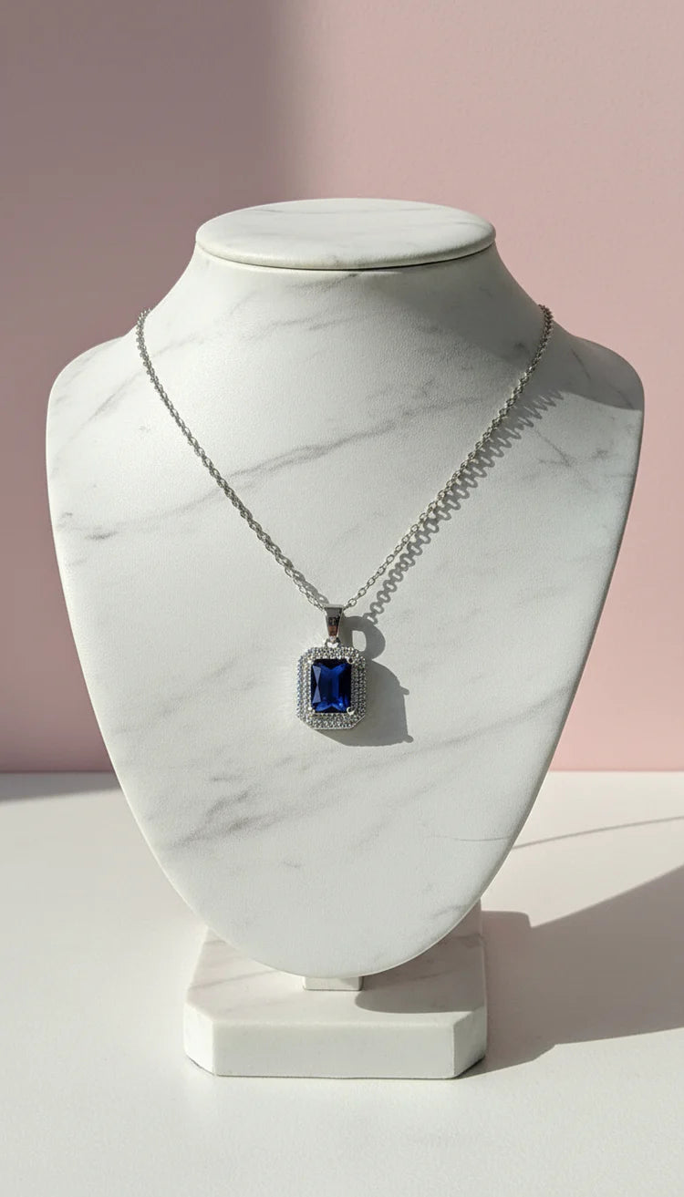 Baguette Cut Crystal Pendant Necklace-Royal Blue