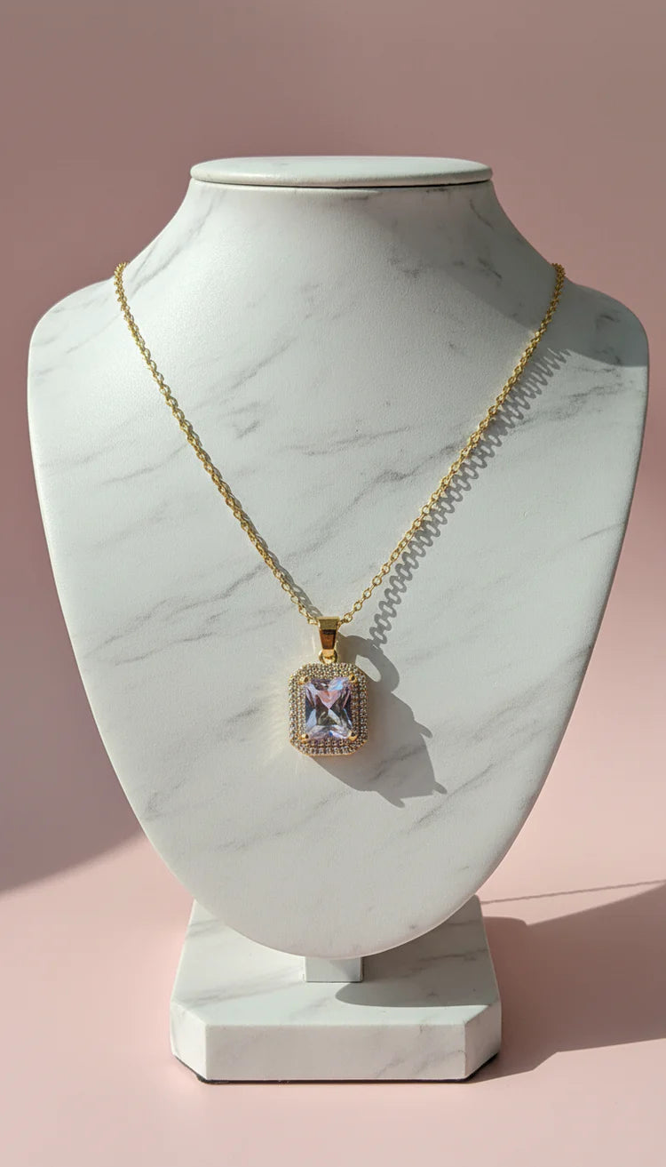Waterproof Baguette Cut Crystal Pendant Necklace-Gold