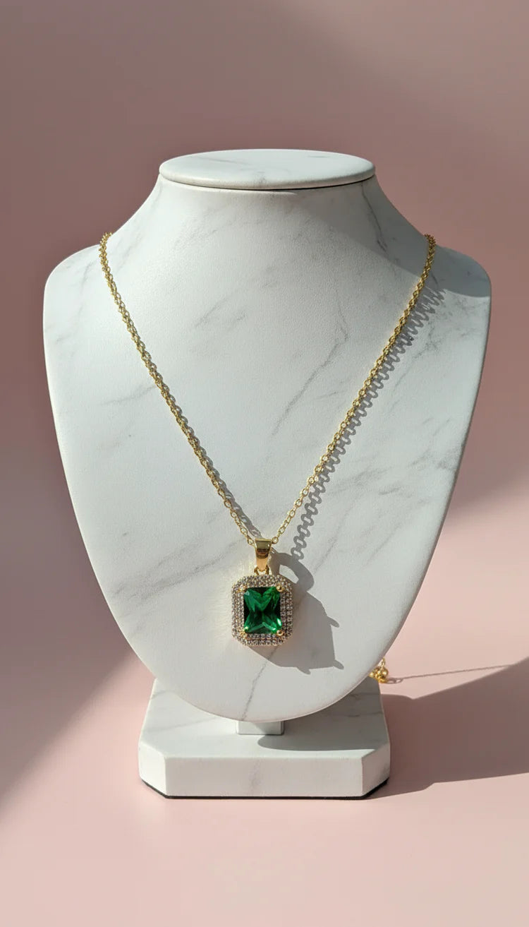 Baguette Cut Crystal Pendant Necklace-Emerald Green